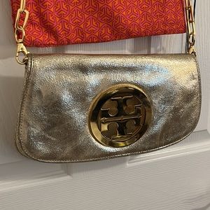 Tory Burch Gold Shimmer Flip Top Purse + Dust Bag w/ gold chain.